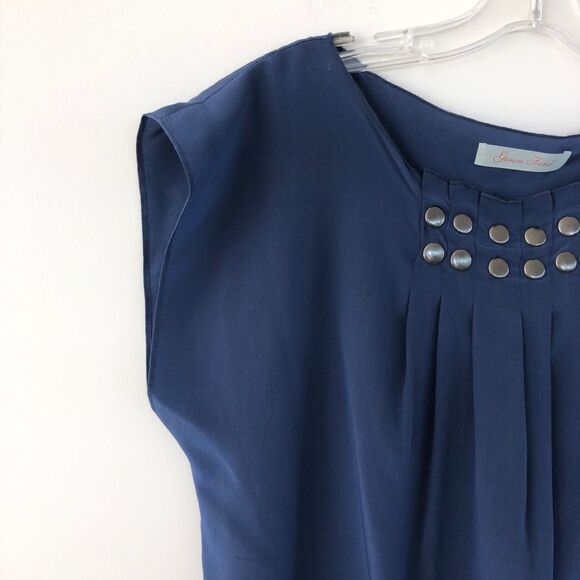 Geren Ford Pleats & Studs Sleeveless Silk Blouse In Navy - Picture 3 of 11